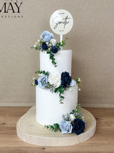 Load image into Gallery viewer, Custom Personalised Topper Dusty blue and Navy gypsophila eucalyptus leaf cake topper wedding decorations floral arrangement