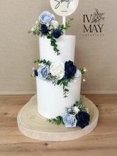 Load image into Gallery viewer, Custom Personalised Topper Dusty blue and Navy gypsophila eucalyptus leaf cake topper wedding decorations floral arrangement