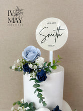 Load image into Gallery viewer, Custom Personalised Topper Dusty blue and Navy gypsophila eucalyptus leaf cake topper wedding decorations floral arrangement