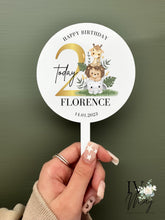 Load image into Gallery viewer, Personalised Printed Safari Themed Celebration Cake Topper - Children's / Child 1st 2nd Birthday Party - Gold - Green - two today - Custom