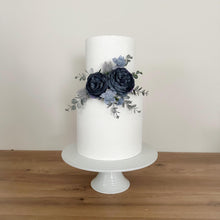Load image into Gallery viewer, Cake Flowers - Wedding Cake Flowers - Cake Topper - Christening / Birthday cake - Dusty Blue silk roses, eucalyptus and thistles