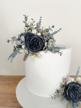 Load image into Gallery viewer, Dusty Blue Navy Blue - Eucalyptus - gypsophila Wedding Cake - christening cake - flower arrangement - cake topper - Birthday