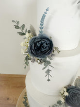 Load image into Gallery viewer, FULL SET Wedding Christening Cake - Dusty Blue Navy Blue Flower Arrangement Topper & Decorations Roses - Silk Rose - gypsophila eucalyptus