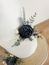 Load image into Gallery viewer, FULL SET Wedding Christening Cake - Dusty Blue Navy Blue Flower Arrangement Topper & Decorations Roses - Silk Rose - gypsophila eucalyptus
