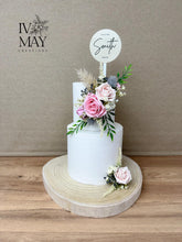 Load image into Gallery viewer, Personalised Cake Topper - Wedding Christening Cake Flower Arrangement Topper & Decorations Roses - Dusty Pink - Blush Pink Cream Blue Berry Mix Custom Topper