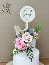 Load image into Gallery viewer, Personalised Cake Topper - Wedding Christening Cake Flower Arrangement Topper & Decorations Roses - Dusty Pink - Blush Pink Cream Blue Berry Mix Custom Topper