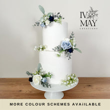 Load image into Gallery viewer, FULL SET Dusty blue and Navy Blue gypsophila eucalyptus leaf cake topper wedding decorations floral arrangement - Custom Colours available