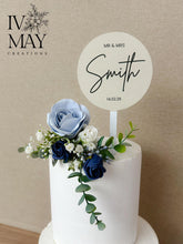 Load image into Gallery viewer, Custom Personalised Topper Dusty blue and Navy gypsophila eucalyptus leaf cake topper wedding decorations floral arrangement