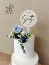 Load image into Gallery viewer, Dusty Blue Wedding Cake Topper: Navy Gypsophila Eucalyptus Floral Arrangement