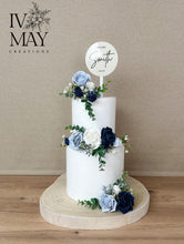 Load image into Gallery viewer, Dusty Blue Wedding Cake Topper: Navy Gypsophila Eucalyptus Floral Arrangement