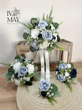 Load image into Gallery viewer, Wedding Bouquet: Navy, Dusty Blue, Sage Foam Rose & Eucalyptus