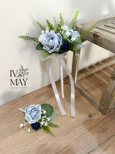 Load image into Gallery viewer, Wedding Bouquet: Navy, Dusty Blue, Sage Foam Rose & Eucalyptus