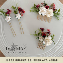 Load image into Gallery viewer, Wedding Hair accessories and Corsage - Hair Flowers - Green Cream / Ivory and Burgundy Hair Comb - Bobby Pin - Hair Grips - Prom