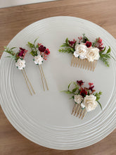 Load image into Gallery viewer, Wedding Hair accessories and Corsage - Hair Flowers - Green Cream / Ivory and Burgundy Hair Comb - Bobby Pin - Hair Grips - Prom