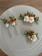 Load image into Gallery viewer, Wedding Hair accessories and Corsage - Hair Flowers - Green Cream / Ivory and Burnt Orange Hair Comb - Bobby Pin - Hair Grips - Prom
