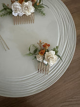 Load image into Gallery viewer, Wedding Hair accessories and Corsage - Hair Flowers - Green Cream / Ivory and Burnt Orange Hair Comb - Bobby Pin - Hair Grips - Prom