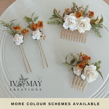 Load image into Gallery viewer, Wedding Hair accessories and Corsage - Hair Flowers - Green Cream / Ivory and Burnt Orange Hair Comb - Bobby Pin - Hair Grips - Prom