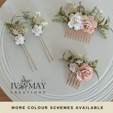 Load image into Gallery viewer, Wedding Hair accessories and Corsage - Hair Flowers - Green Cream / Ivory and Blush Pink Hair Comb - Bobby Pin - Hair Grips - Prom