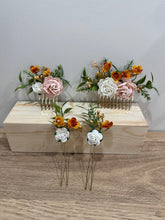 Load image into Gallery viewer, Wedding Hair accessories and Corsage - Hair Flowers - Green Cream / Ivory Blush pink Burnt Orange Hair Comb - Bobby Pin - Hair Grips - Prom
