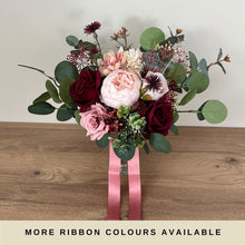 Load image into Gallery viewer, Blush Pink Wedding Bouquet: Silk Burgundy Roses, Sage Green Foliage