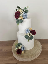 Load image into Gallery viewer, Dusty Blue Burgundy & pale gold Wedding christening cake flower arrangement topper mini eucalyptus roses more colours available