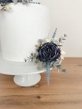 Load image into Gallery viewer, Dusty Blue Navy Blue - Eucalyptus - gypsophila Wedding Cake - christening cake - flower arrangement - cake topper - Birthday