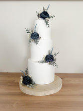 Load image into Gallery viewer, FULL SET Wedding Christening Cake - Dusty Blue Navy Blue Flower Arrangement Topper & Decorations Roses - Silk Rose - gypsophila eucalyptus