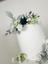 Load image into Gallery viewer, FULL SET Dusty blue and Navy Blue gypsophila eucalyptus leaf cake topper wedding decorations floral arrangement - Custom Colours available