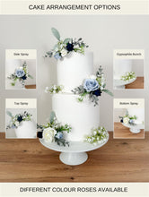 Load image into Gallery viewer, FULL SET Dusty blue and Navy Blue gypsophila eucalyptus leaf cake topper wedding decorations floral arrangement - Custom Colours available