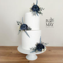 Load image into Gallery viewer, FULL SET Wedding Christening Cake - Dusty Blue Navy Blue Flower Arrangement Topper & Decorations Roses - Silk Rose - gypsophila eucalyptus