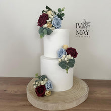 Load image into Gallery viewer, Dusty Blue & Burgundy Rose Cake Topper: Wedding Christening Flower Arrangement