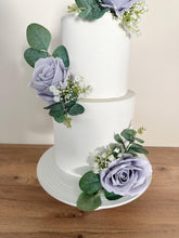 Load image into Gallery viewer, FULL SET Wedding Christening Cake Flower Arrangement Topper & Decorations Roses - Silk Rose - Dusty Blue