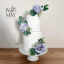 Load image into Gallery viewer, FULL SET Wedding Christening Cake Flower Arrangement Topper & Decorations Roses - Silk Rose - Dusty Blue