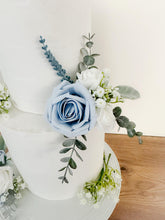 Load image into Gallery viewer, Cake hoop Flowers Dusty blue lavender gypsophila eucalyptus leaf cake topper wedding decorations floral arrangement - Custom Colours
