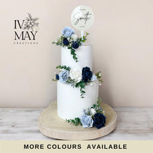 Load image into Gallery viewer, Dusty Blue Wedding Cake Topper: Navy Gypsophila Eucalyptus Floral Arrangement