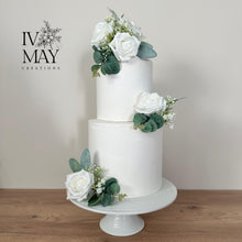 Load image into Gallery viewer, White Foam Rose Cake Topper: Gypsophila & Sage Green Foliage