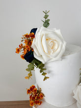 Load image into Gallery viewer, Cake Flowers - Wedding Cake Flowers - Cake Topper - Cream - Burnt Orange - Navy Blue - Christening / Birthday cake decoration Gypsophila