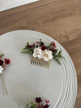 Load image into Gallery viewer, Wedding Hair accessories and Corsage - Hair Flowers - Green Cream / Ivory and Burgundy Hair Comb - Bobby Pin - Hair Grips - Prom