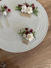 Load image into Gallery viewer, Wedding Hair accessories and Corsage - Hair Flowers - Green Cream / Ivory and Burgundy Hair Comb - Bobby Pin - Hair Grips - Prom