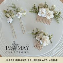 Load image into Gallery viewer, Wedding Hair accessories and Corsage - Hair Flowers - Green Cream / Ivory Hair Comb - Bobby Pin - Hair Grips - Prom