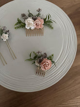 Load image into Gallery viewer, Wedding Hair accessories and Corsage - Hair Flowers - Green Cream / Ivory Grey and Blush Pink Hair Comb - Bobby Pin - Hair Grips - Prom