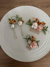 Load image into Gallery viewer, Wedding Hair accessories and Corsage - Hair Flowers - Green Cream / Ivory Blush pink Burnt Orange Hair Comb - Bobby Pin - Hair Grips - Prom