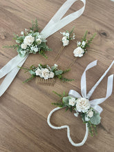 Load image into Gallery viewer, Paper Rose Wedding Hair Comb & Corsage: Green Cream Ivory Floral Hair Accessories