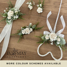 Load image into Gallery viewer, Paper Rose Wedding Hair Comb & Corsage: Green Cream Ivory Floral Hair Accessories