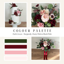 Load image into Gallery viewer, Blush Pink Wedding Bouquet: Silk Burgundy Roses, Sage Green Foliage