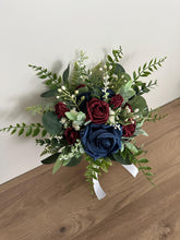 Load image into Gallery viewer, Burgundy & Navy Wedding Bouquet: Dark Green Eucalyptus, Foam Roses