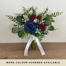 Load image into Gallery viewer, Burgundy & Navy Wedding Bouquet: Dark Green Eucalyptus, Foam Roses