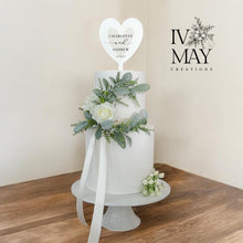 Load image into Gallery viewer, Personalized Wedding Cake Topper Set: Cream Silk Roses & Garland