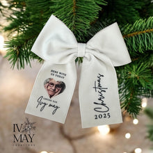 Load image into Gallery viewer, Luxury Velvet Christmas Memorial Bow – Personalised Remembrance Tree Decoration – In Loving Memory Photo Ornament – Clip-On Keepsake Gift