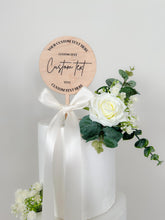 Load image into Gallery viewer, Personalized Wood Cake Topper: Custom Text, Bow & Floral Decoration